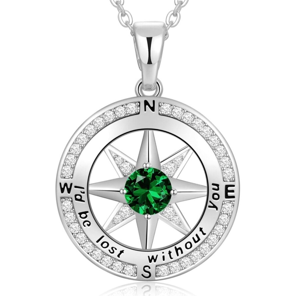 Birthstone Compass Necklace Women, S925 Silver